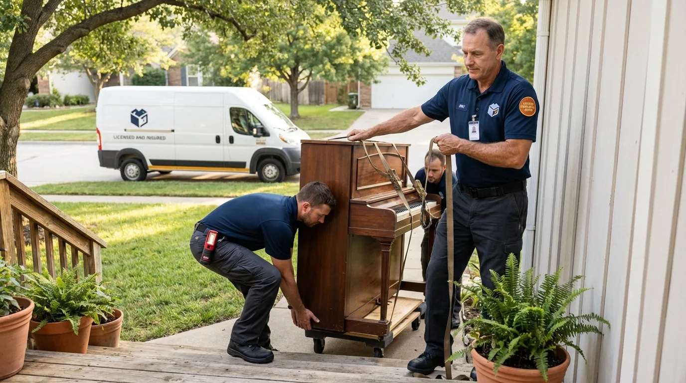 Licensed piano movers securing grand piano in Effingham, NH