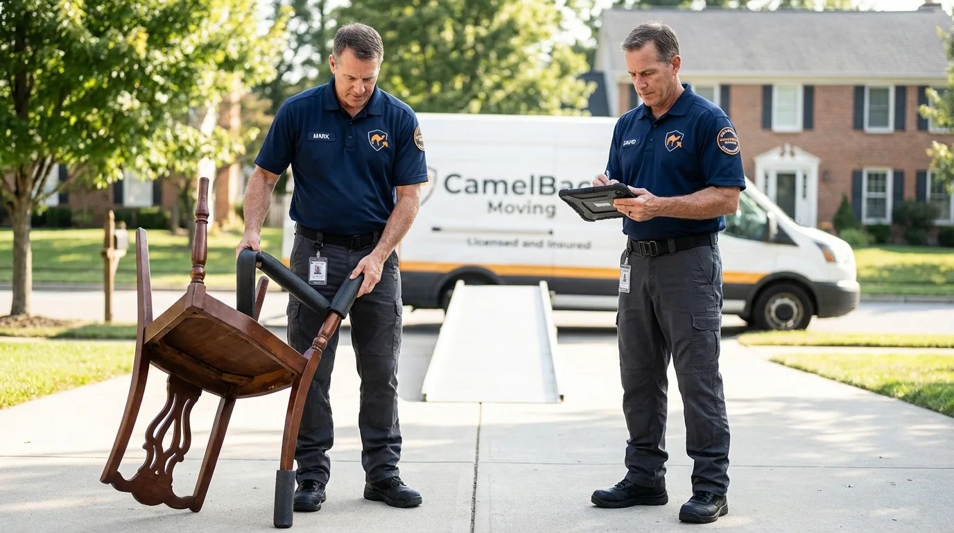 Movers inspecting furniture for damage prevention before loading in Effingham, NH