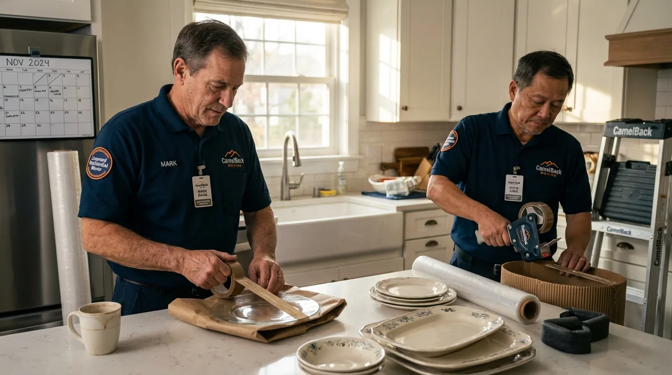Professional crew packing kitchen dishware in Effingham, NH
